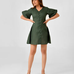 Emerald Green Linen Finish Fit & Flare Dress with Puff Sleeves