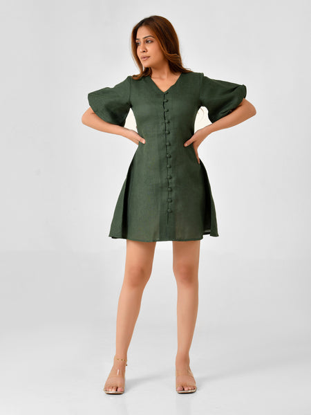 Emerald Green Linen Finish Fit & Flare Dress with Puff Sleeves