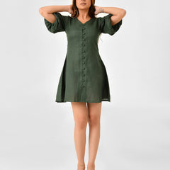 Emerald Green Linen Finish Fit & Flare Dress with Puff Sleeves