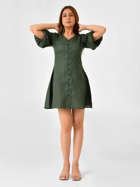 Emerald Green Linen Finish Fit & Flare Dress with Puff Sleeves