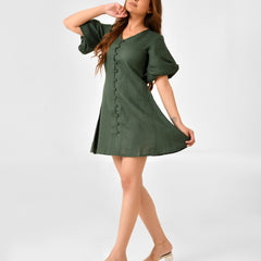 Emerald Green Linen Finish Fit & Flare Dress with Puff Sleeves