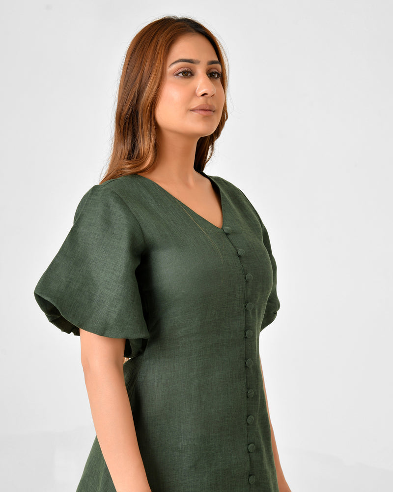 Emerald Green Linen Finish Fit & Flare Dress with Puff Sleeves