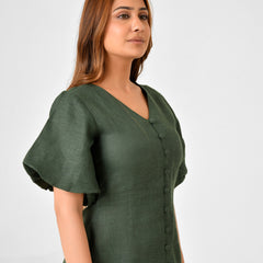 Emerald Green Linen Finish Fit & Flare Dress with Puff Sleeves