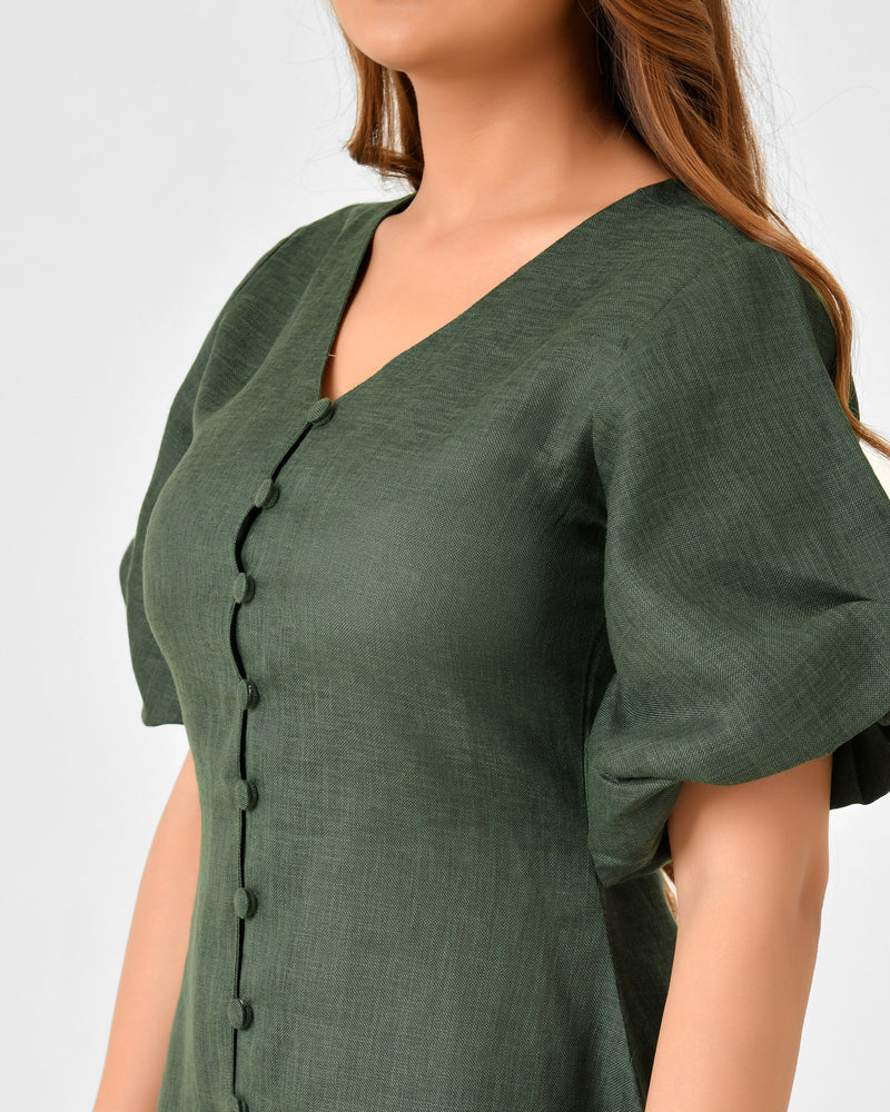 Emerald Green Linen Finish Fit & Flare Dress with Puff Sleeves