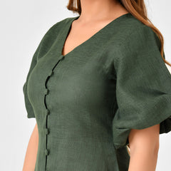 Emerald Green Linen Finish Fit & Flare Dress with Puff Sleeves