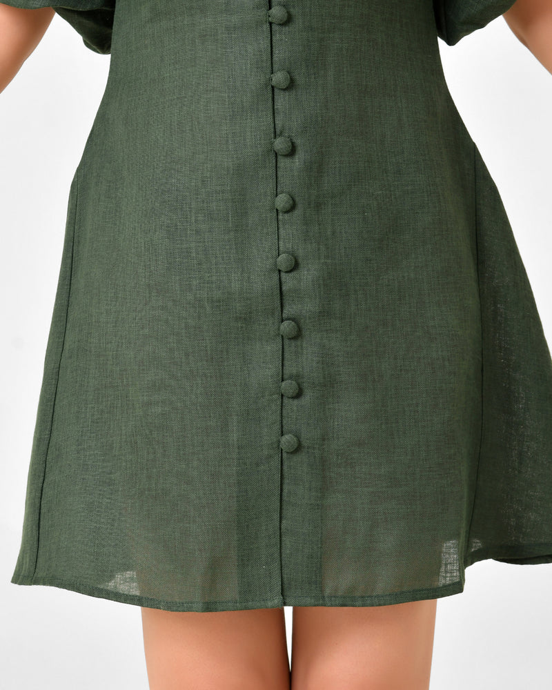 Emerald Green Linen Finish Fit & Flare Dress with Puff Sleeves