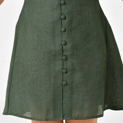Emerald Green Linen Finish Fit & Flare Dress with Puff Sleeves