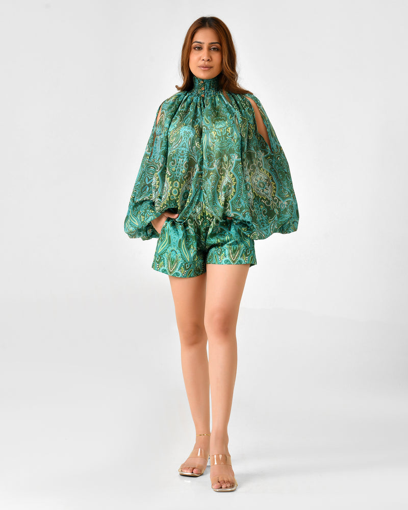 Paisley Floral Printed Blouse & Shorts Co-ord Set