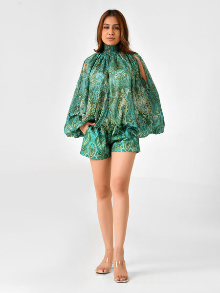 Paisley Floral Printed Blouse & Shorts Co-ord Set