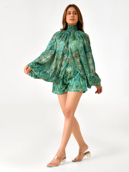 Paisley Floral Printed Blouse & Shorts Co-ord Set