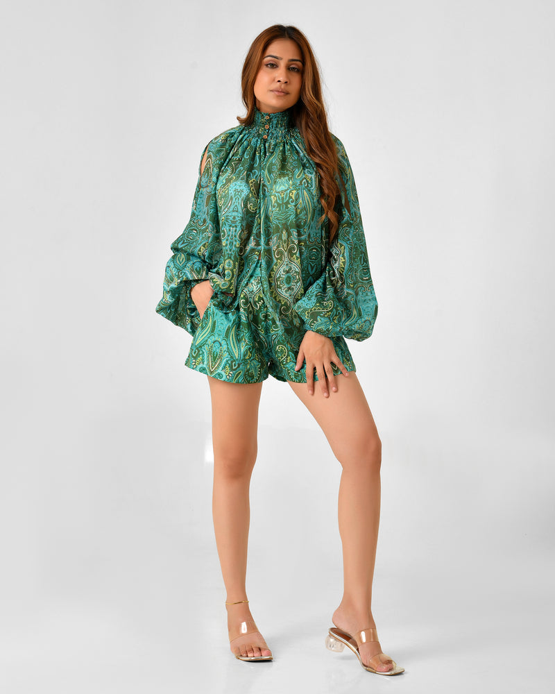 Paisley Floral Printed Blouse & Shorts Co-ord Set