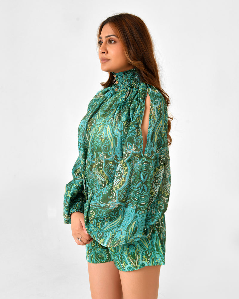 Paisley Floral Printed Blouse & Shorts Co-ord Set