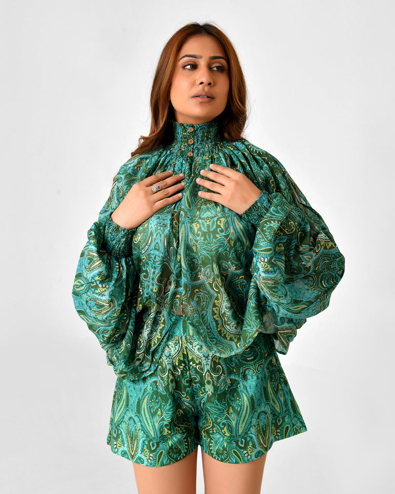 Paisley Floral Printed Blouse & Shorts Co-ord Set