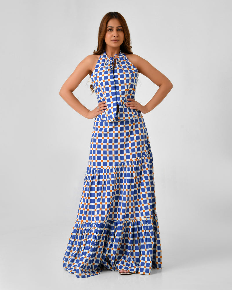 Blue & White Checkered Halter Neck Maxi Set