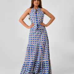 Blue & White Checkered Halter Neck Maxi Set