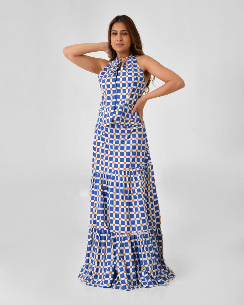 Blue & White Checkered Halter Neck Maxi Set
