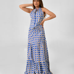 Blue & White Checkered Halter Neck Maxi Set
