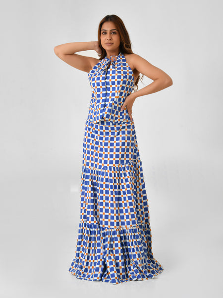 Blue & White Checkered Halter Neck Maxi Set