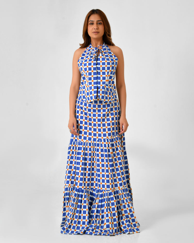 Blue & White Checkered Halter Neck Maxi Set