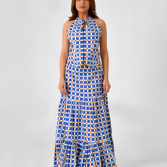 Blue & White Checkered Halter Neck Maxi Set