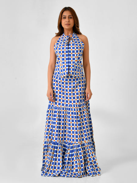 Blue & White Checkered Halter Neck Maxi Set