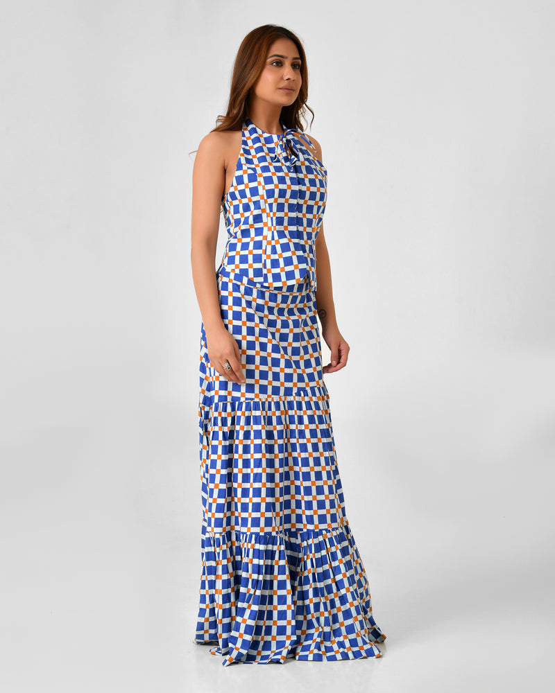 Blue & White Checkered Halter Neck Maxi Set