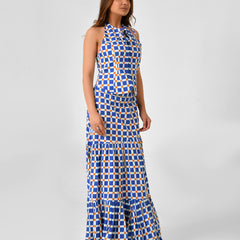 Blue & White Checkered Halter Neck Maxi Set