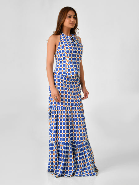 Blue & White Checkered Halter Neck Maxi Set