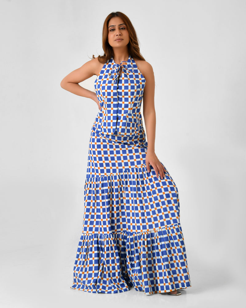 Blue & White Checkered Halter Neck Maxi Set