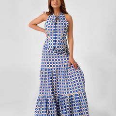 Blue & White Checkered Halter Neck Maxi Set