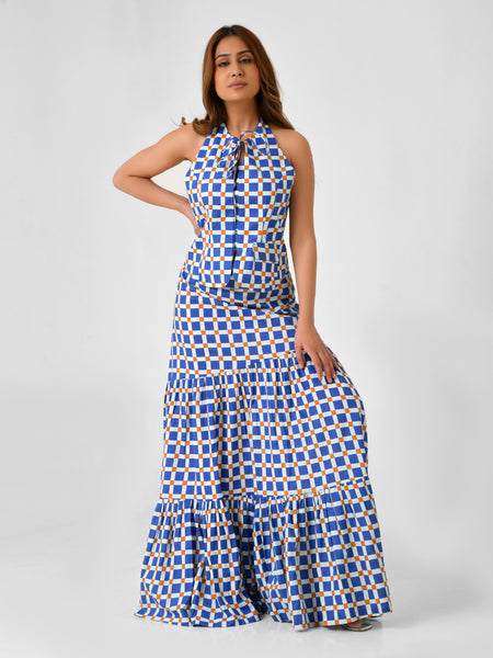 Blue & White Checkered Halter Neck Maxi Set