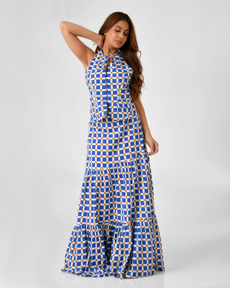 Blue & White Checkered Halter Neck Maxi Set