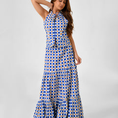 Blue & White Checkered Halter Neck Maxi Set