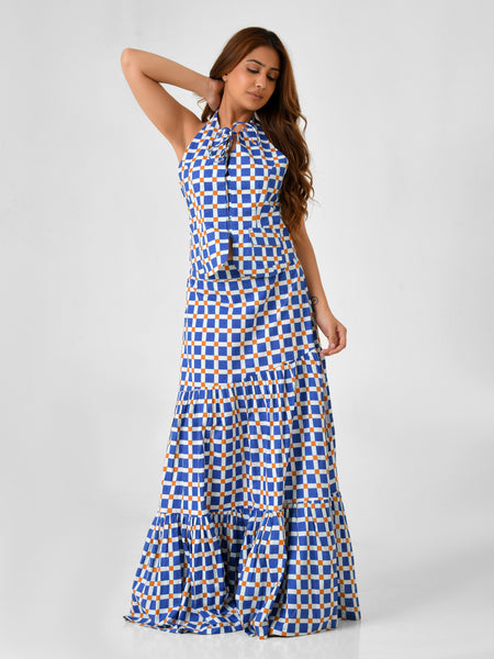 Blue & White Checkered Halter Neck Maxi Set