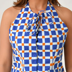 Blue & White Checkered Halter Neck Maxi Set