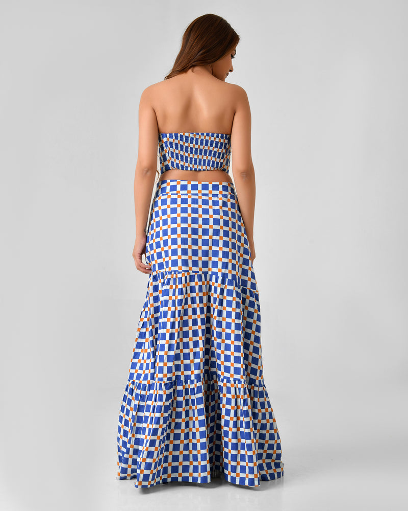 Blue & White Checkered Bustier Maxi Skirt Set