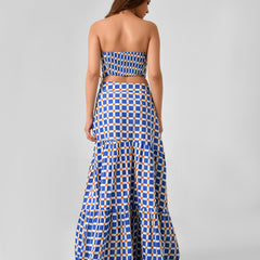 Blue & White Checkered Bustier Maxi Skirt Set