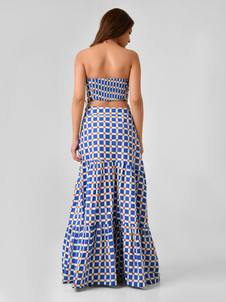 Blue & White Checkered Bustier Maxi Skirt Set