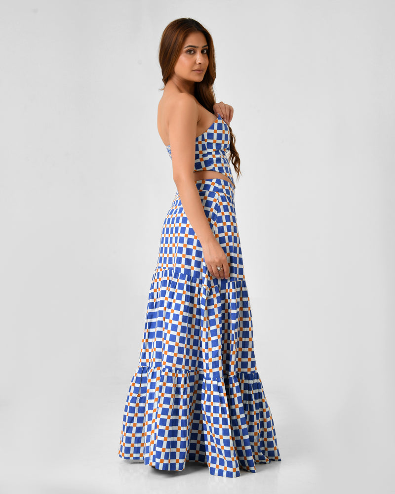 Blue & White Checkered Halter Neck Maxi Set
