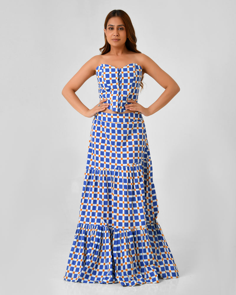 Blue & White Checkered Bustier Maxi Skirt Set