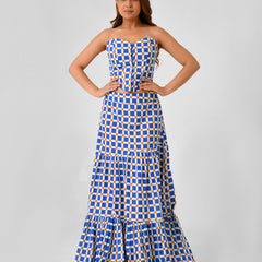 Blue & White Checkered Bustier Maxi Skirt Set