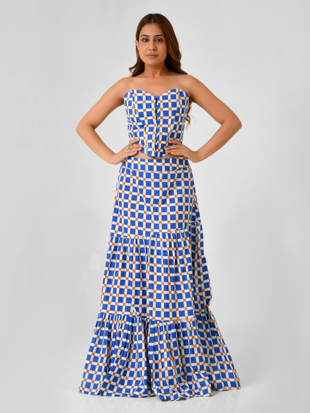 Blue & White Checkered Bustier Maxi Skirt Set