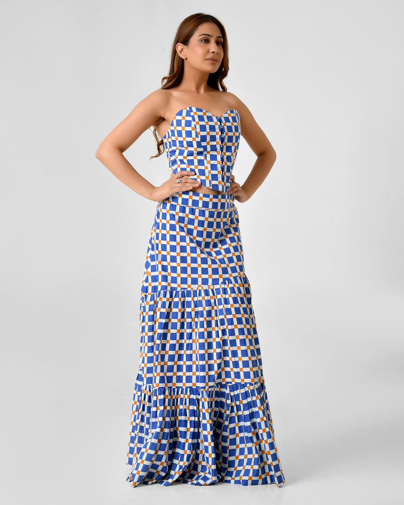 Blue & White Checkered Bustier Maxi Skirt Set