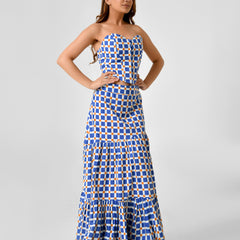 Blue & White Checkered Bustier Maxi Skirt Set