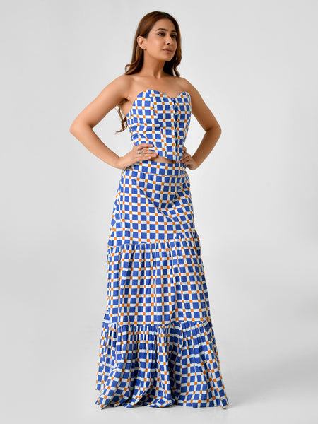 Blue & White Checkered Bustier Maxi Skirt Set