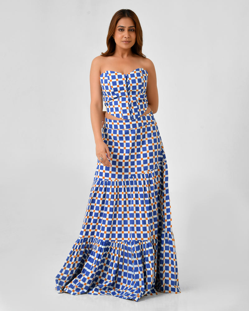 Blue & White Checkered Bustier Maxi Skirt Set