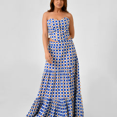 Blue & White Checkered Bustier Maxi Skirt Set