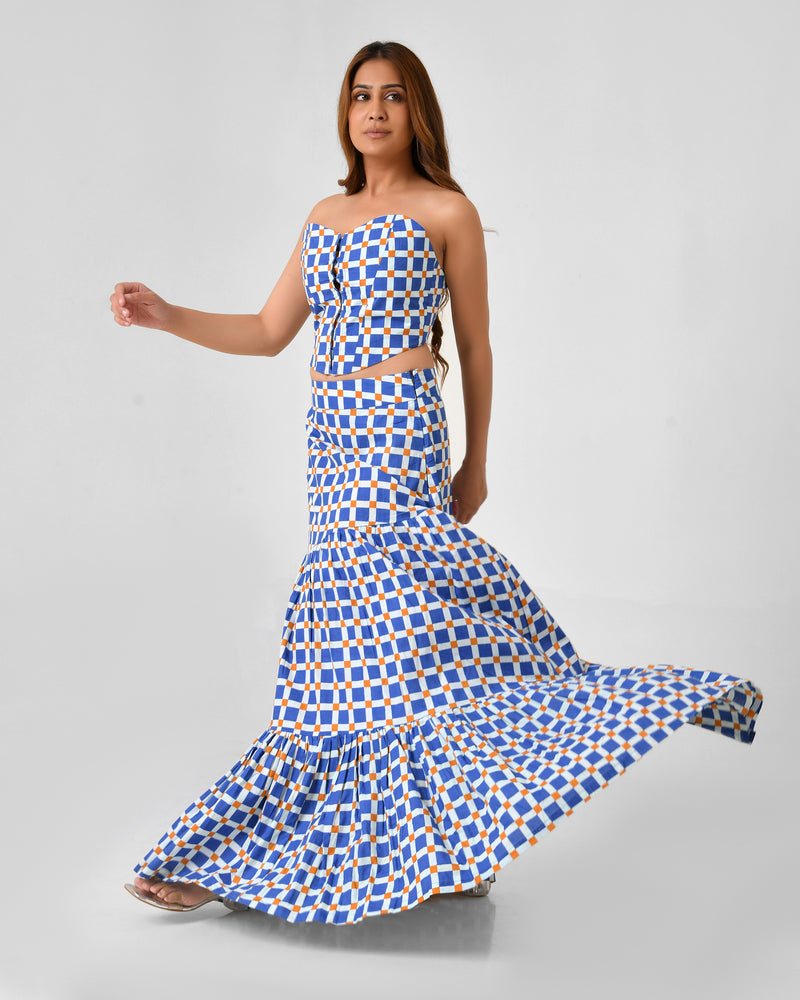 Blue & White Checkered Bustier Maxi Skirt Set
