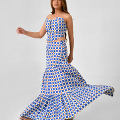 Blue & White Checkered Bustier Maxi Skirt Set