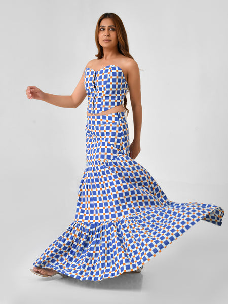 Blue & White Checkered Bustier Maxi Skirt Set